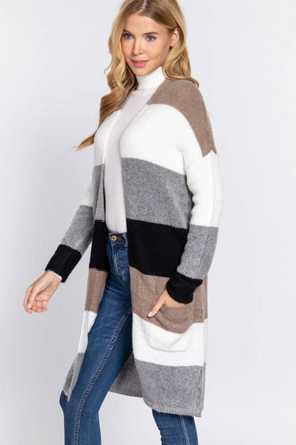 OPEN FRONT COLOR BLOCK CARDI