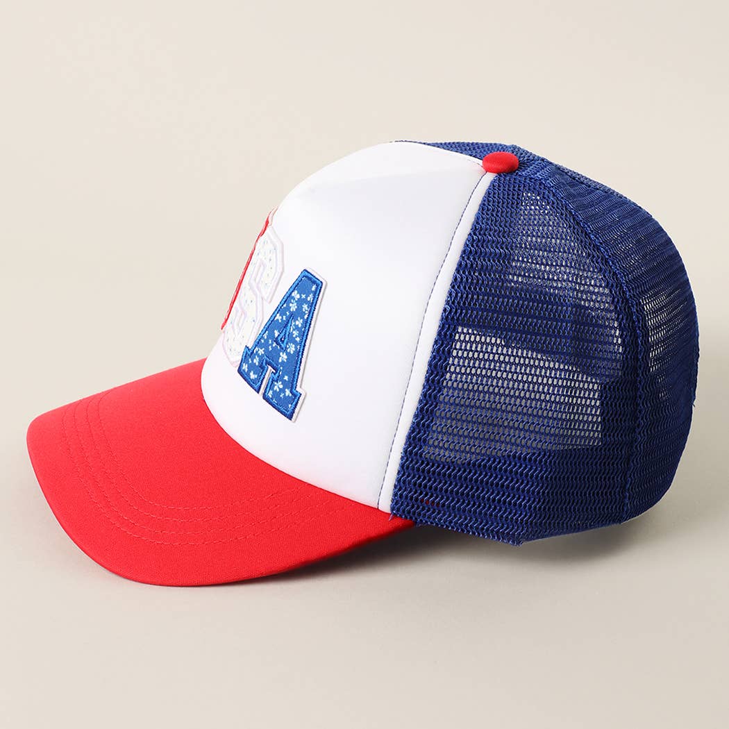 USA FLORAL LETTER PATCH TRUCKER BASEBALL CAP