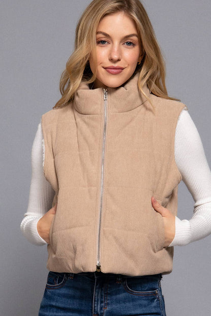 HIGH NECK FAUX FUR CORDUROY VEST