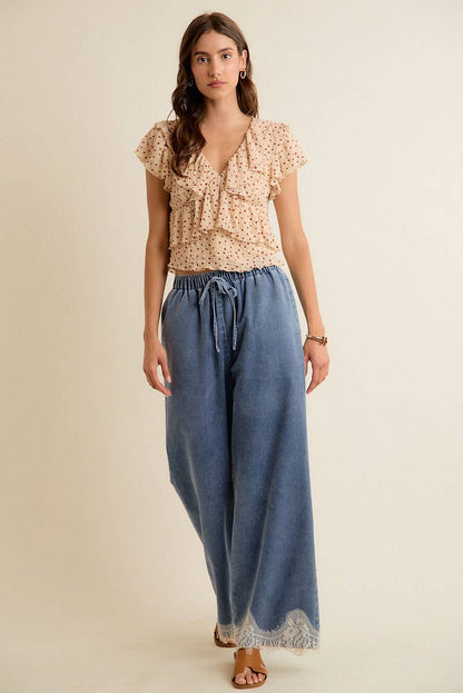 LACE TRIM WIDE LEG ELASTIC MID RISE DENIM PANTS