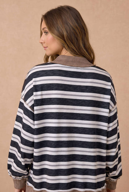 Haptics - Striped Mock Neck Balloon Sleeve Knit Top: MOCHA / S