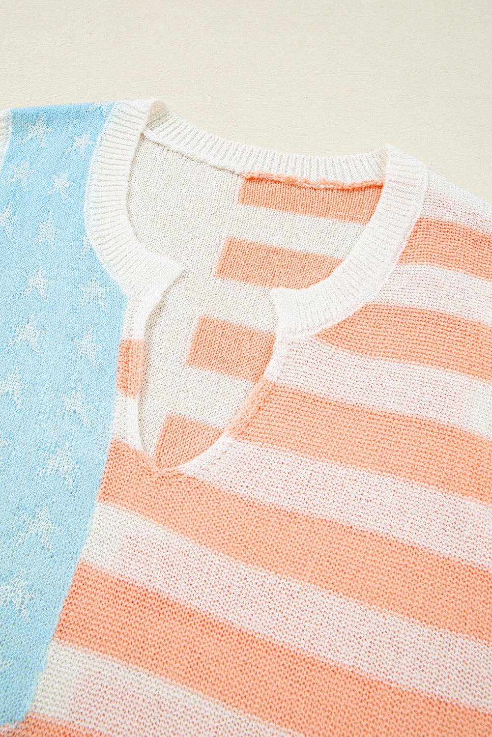 BEIGE USA FLAG NOTCHED NECKLINE LOOSE SWEATER