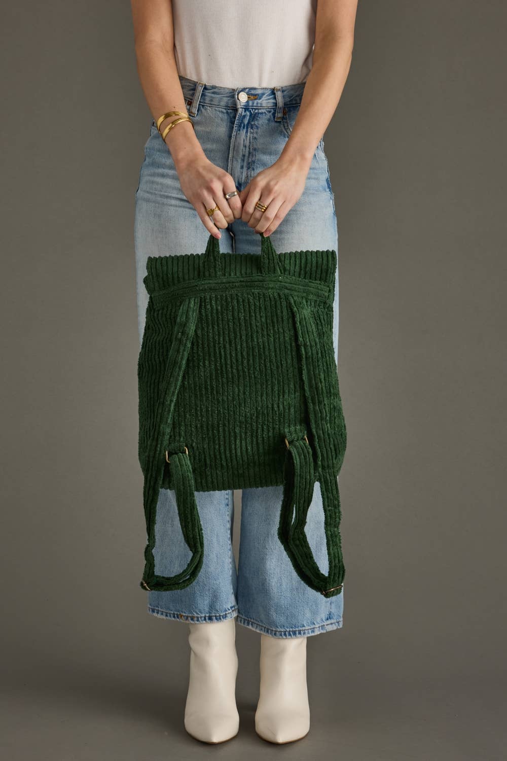 DARK GREEN CORDUROY BACKPACK