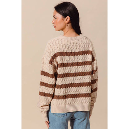 STRIPE CABLE KNIT SWEATER TOP WITH SIDE SLITS