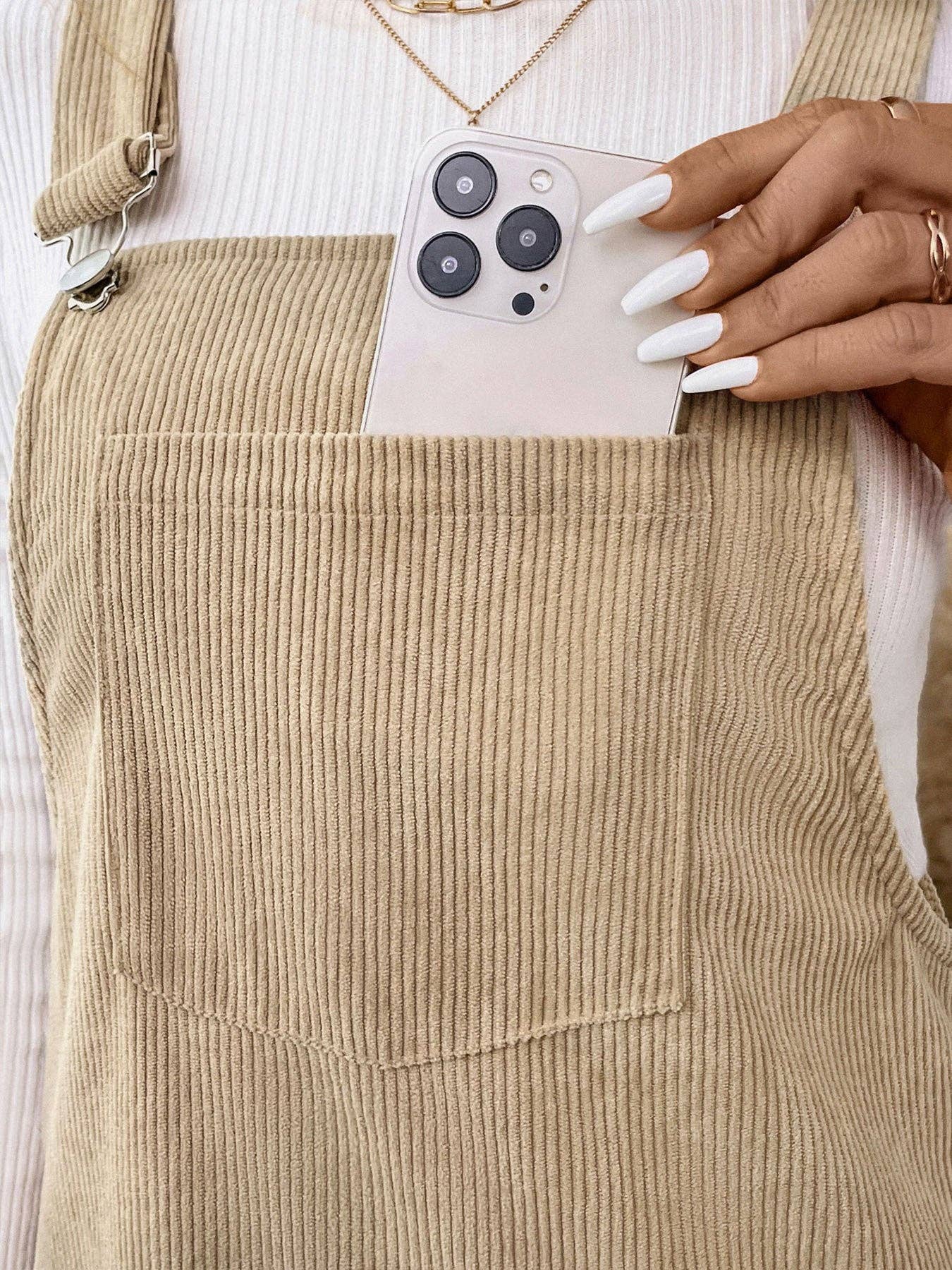 Lovesoft - Corduroy Overall Dress with Pocket: Coffee / 100%Polyester / S