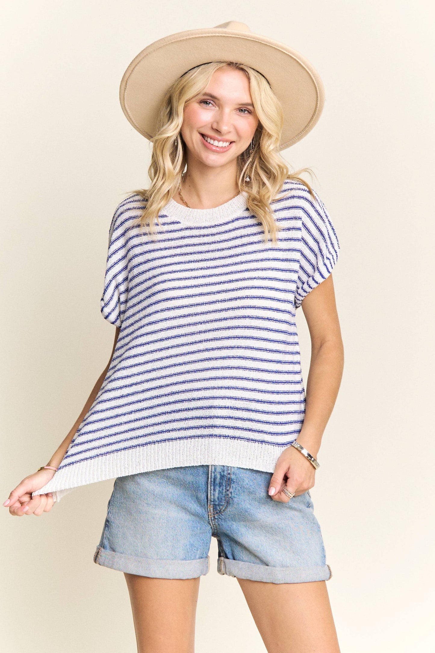 TORI STRIPED CASUAL SHORT SLEEVE KNIT TOP