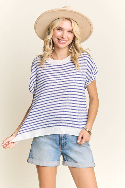 TORI STRIPED CASUAL SHORT SLEEVE KNIT TOP