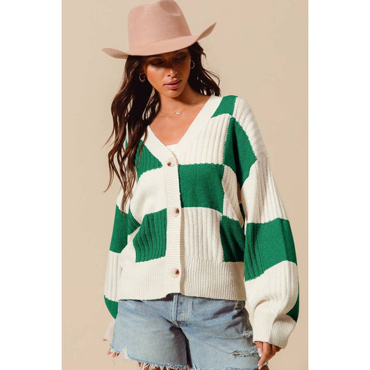CHECKERED BUTTON FRONT TEXTURED SWEATER CARDIGAN: JADE + IVORY