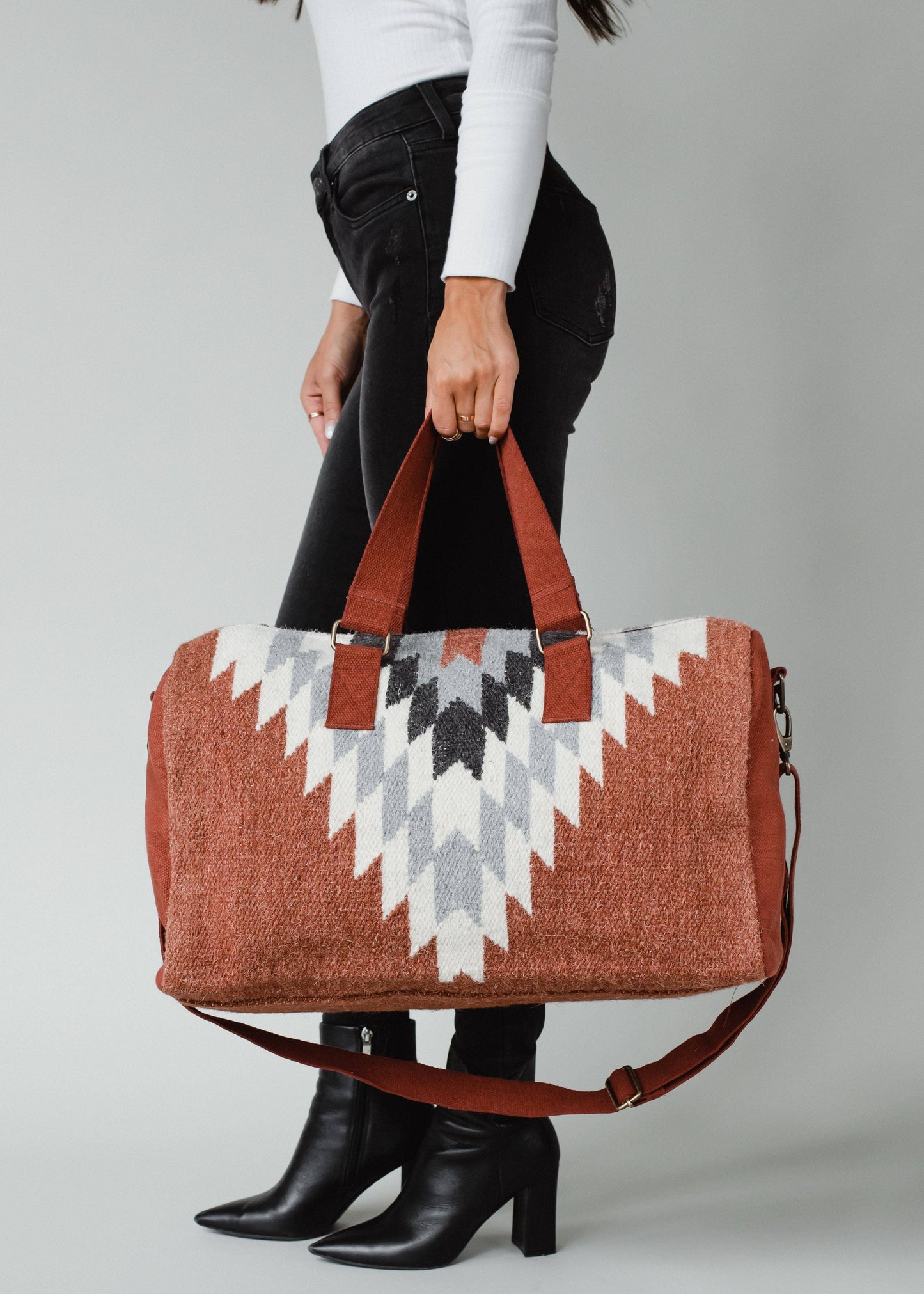 RUST, CREAM + GRAY AZTEC DUFFEL.