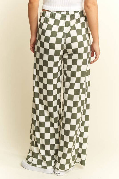 OLIVE + WHITE HIGH WAIST CHECKERED STRAIGHT LEG KNIT PANTS