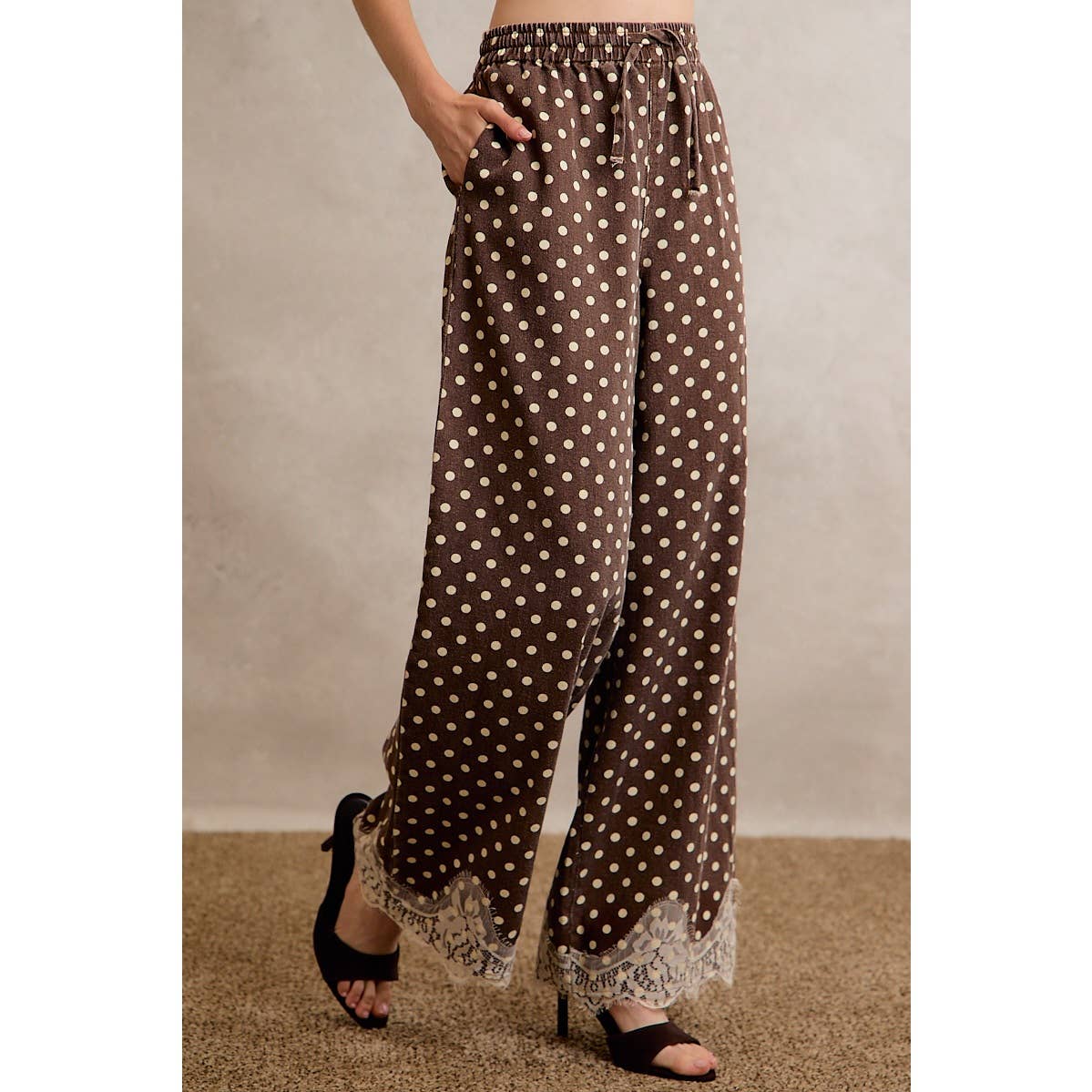 LACE TRIM WIDE LEG ELASTIC MID RISE POLKA DOT PANTS: