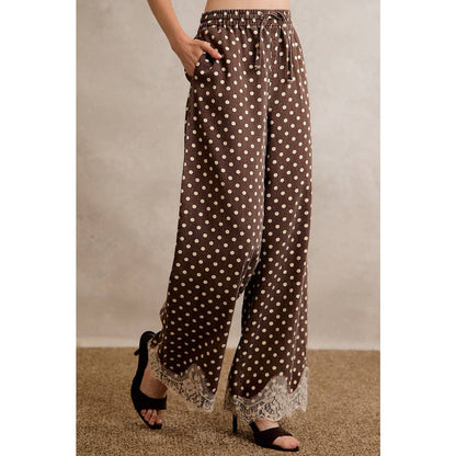 LACE TRIM WIDE LEG ELASTIC MID RISE POLKA DOT PANTS: