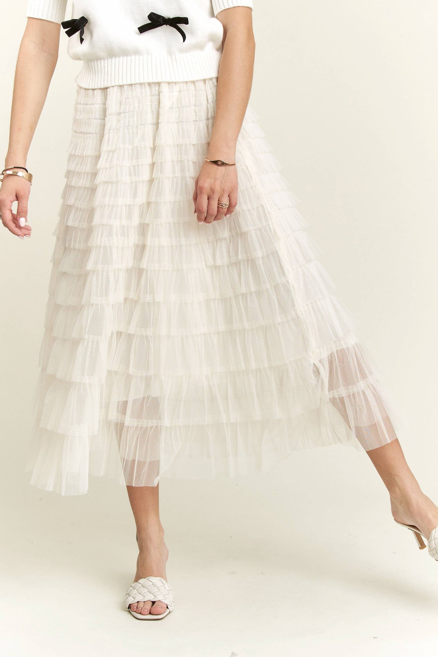 ELASTIC WAIST LAYERED MESH SKIRT - IVORY