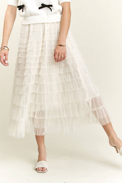 ELASTIC WAIST LAYERED MESH SKIRT - IVORY