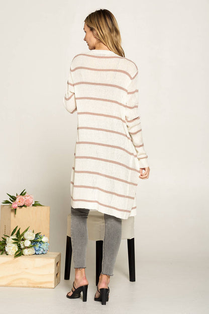 Doe and Rae - L/S Ribbed Xlong Open Cardigan - 1070C: Taupe/White / M