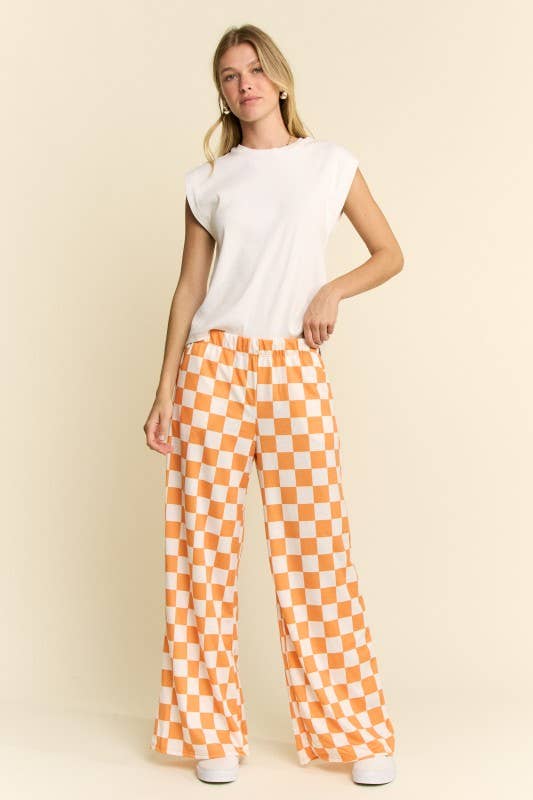 JADE BY JANE - HIGH WAIST CHECKERED STRAIGHT LEG KNIT PANTS: ORANGE/WHITE / M