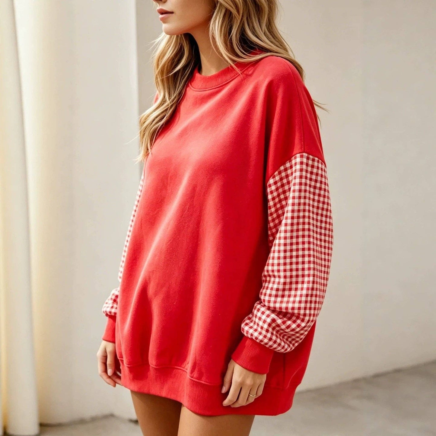 Lovesoft - Plaid Color Block Oversized Sweatshirt Casual Fall Pullover: Light Gray / 65%Polyester+30%Viscose   +5%Elastane / S