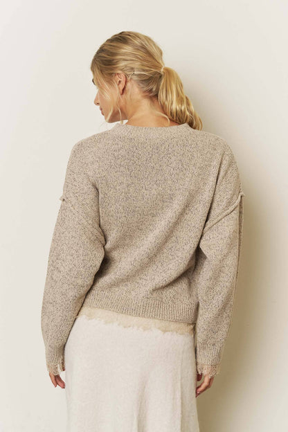 LACE TRIM EXPOSED SEAM BUTTON DOWN KNIT CARDIGAN: OATMEAL