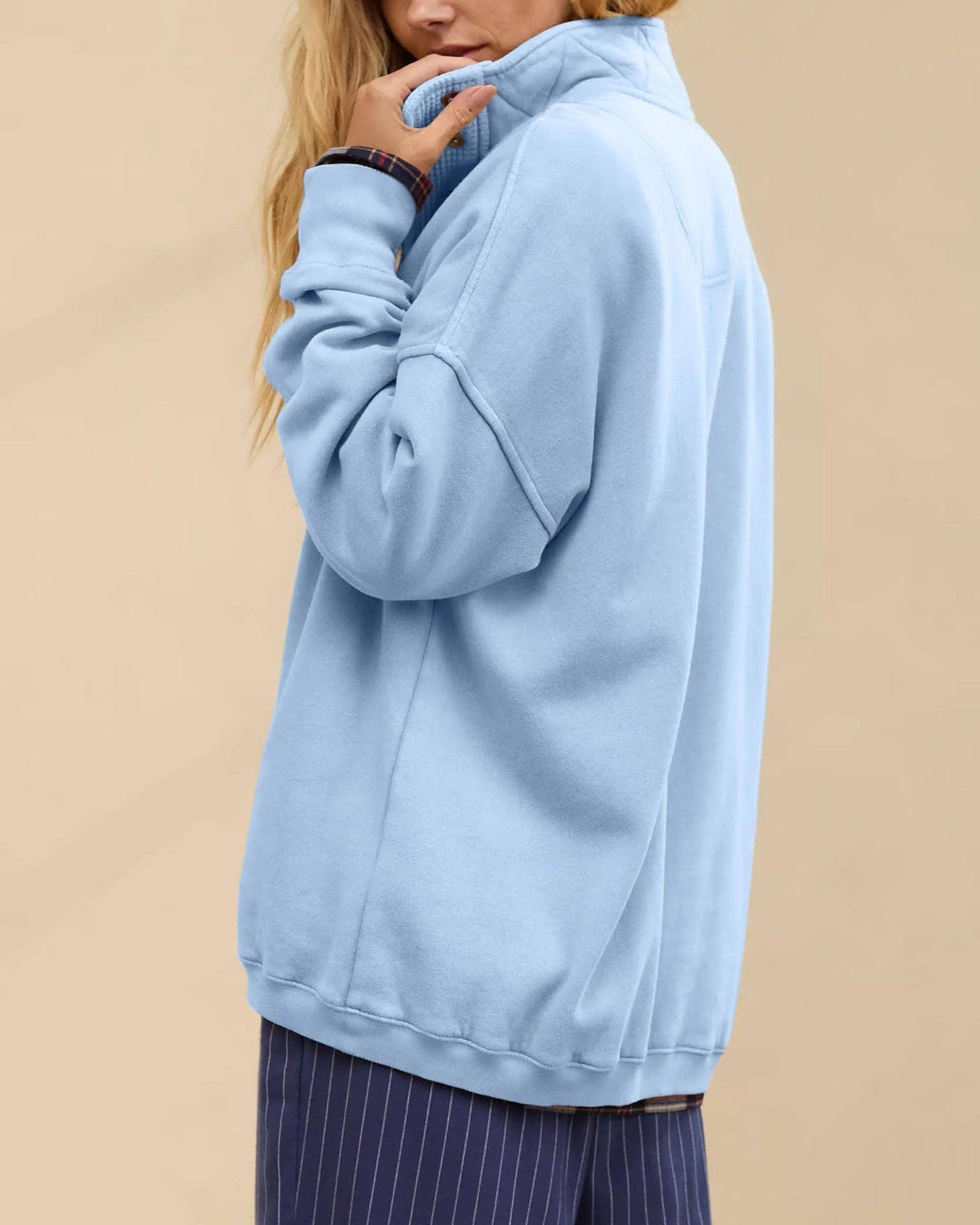 Lovesoft - Solid Fleece Sweatshirt Casual Oversized Snap Collar: Navy / 65%Polyester+30%Viscose   +5%Elastane / M