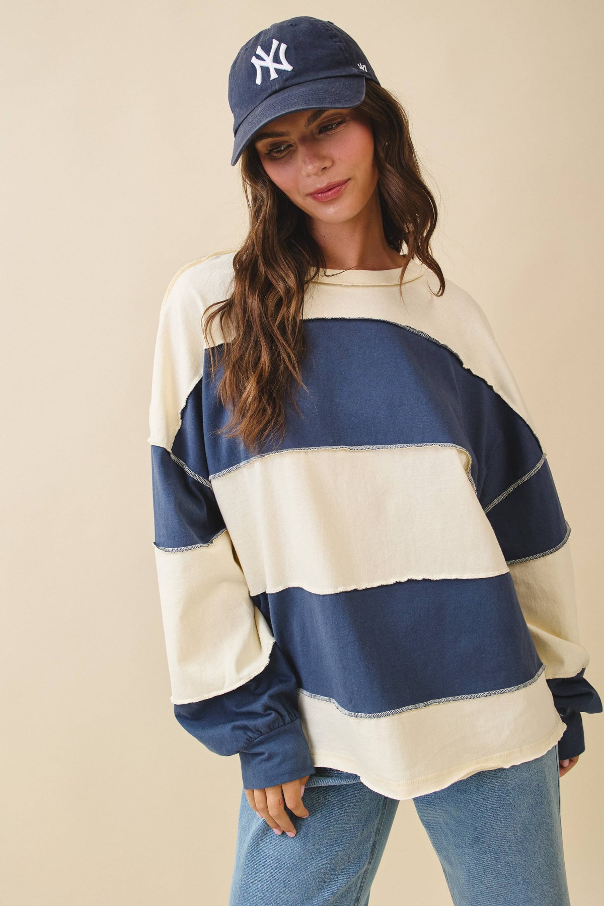AEMI + CO - 8551GN Oversized Color Block Long Sleeve Pullover: Butter Olive / Contemporary / M