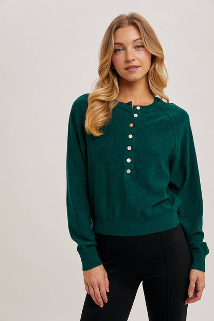 Bluivy - HALF-BUTTON HENLEY KNIT SWEATER: HUNTER GREEN / L
