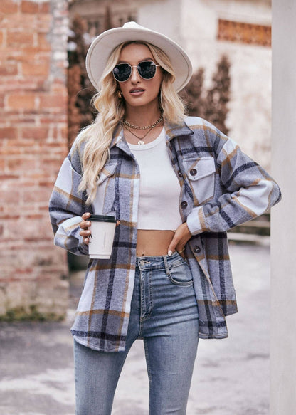 OVERSIZED GRAY, BLACK + CAMEL PLAID JACKET