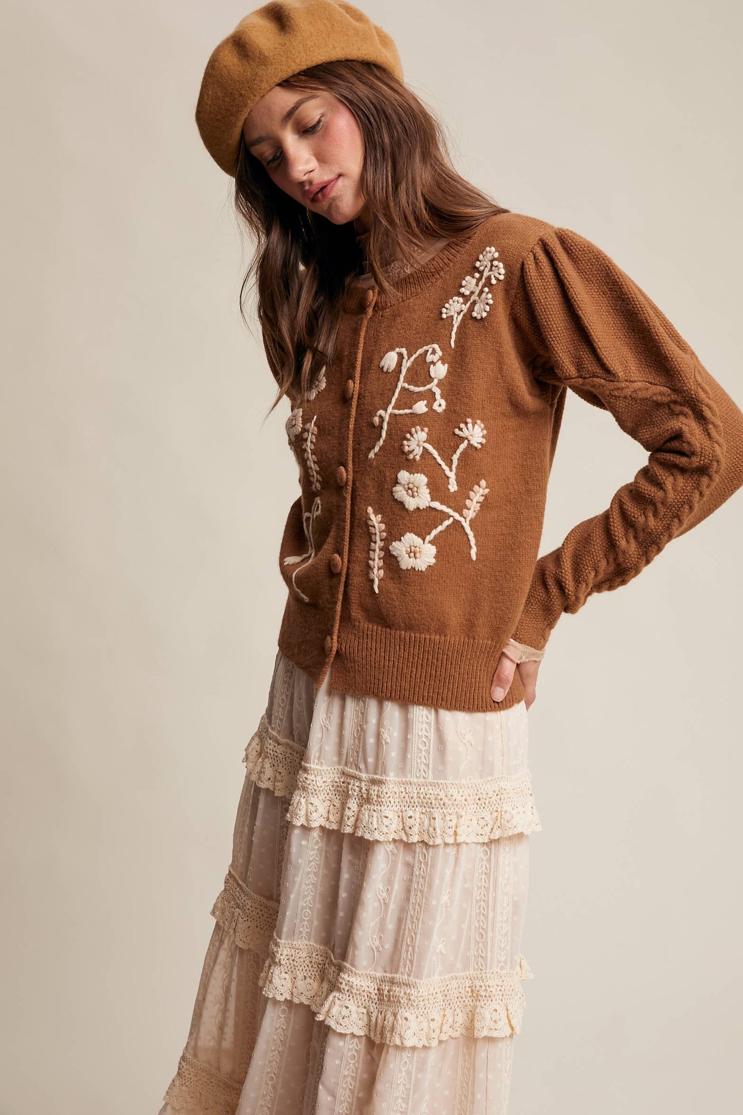FLORAL EMBROIDERED PUFF SLEEVE CARDIGAN