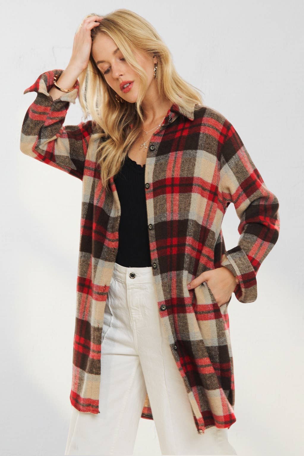 ADORA LA - CEJ1987A-CHECK FLANNEL SHIRT JACKET LONG SLEEVE: Green/Navy / S-M-L(2-2-2)