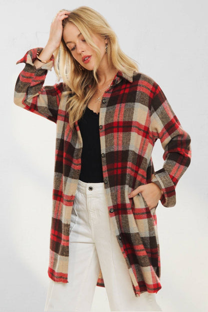 ADORA LA - CEJ1987A-CHECK FLANNEL SHIRT JACKET LONG SLEEVE: Green/Navy / S-M-L(2-2-2)