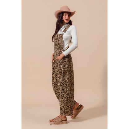 LEOPARD TWILL SLOUCHY BARREL OVERALLS JUMPSUIT
