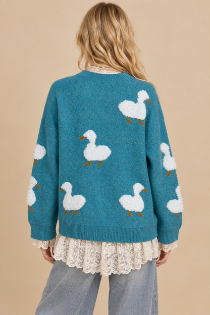J.NNA - Quack-Me-Up Cozy Knit Duck Sweater: TEAL / L
