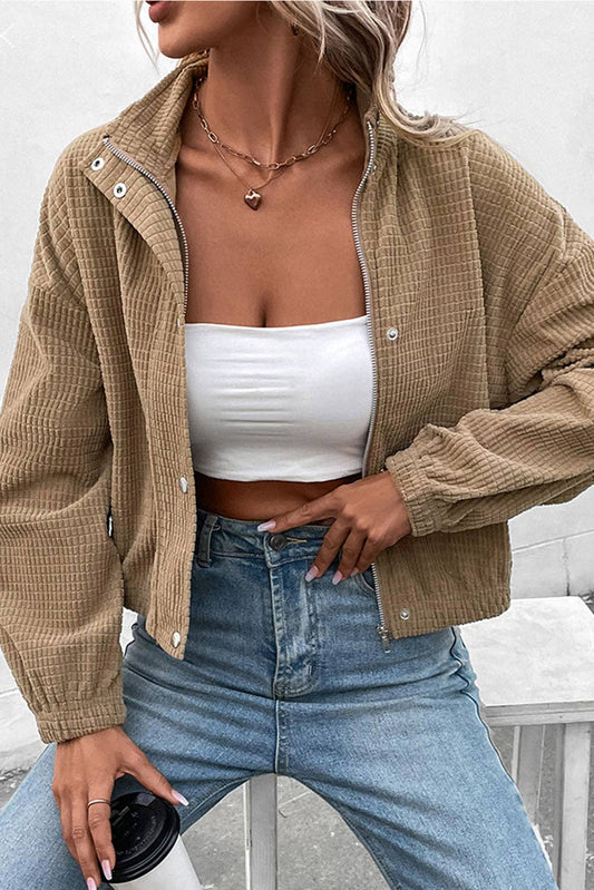 BROWN CROPPED CORDUROY ZIP UP BLOUSE