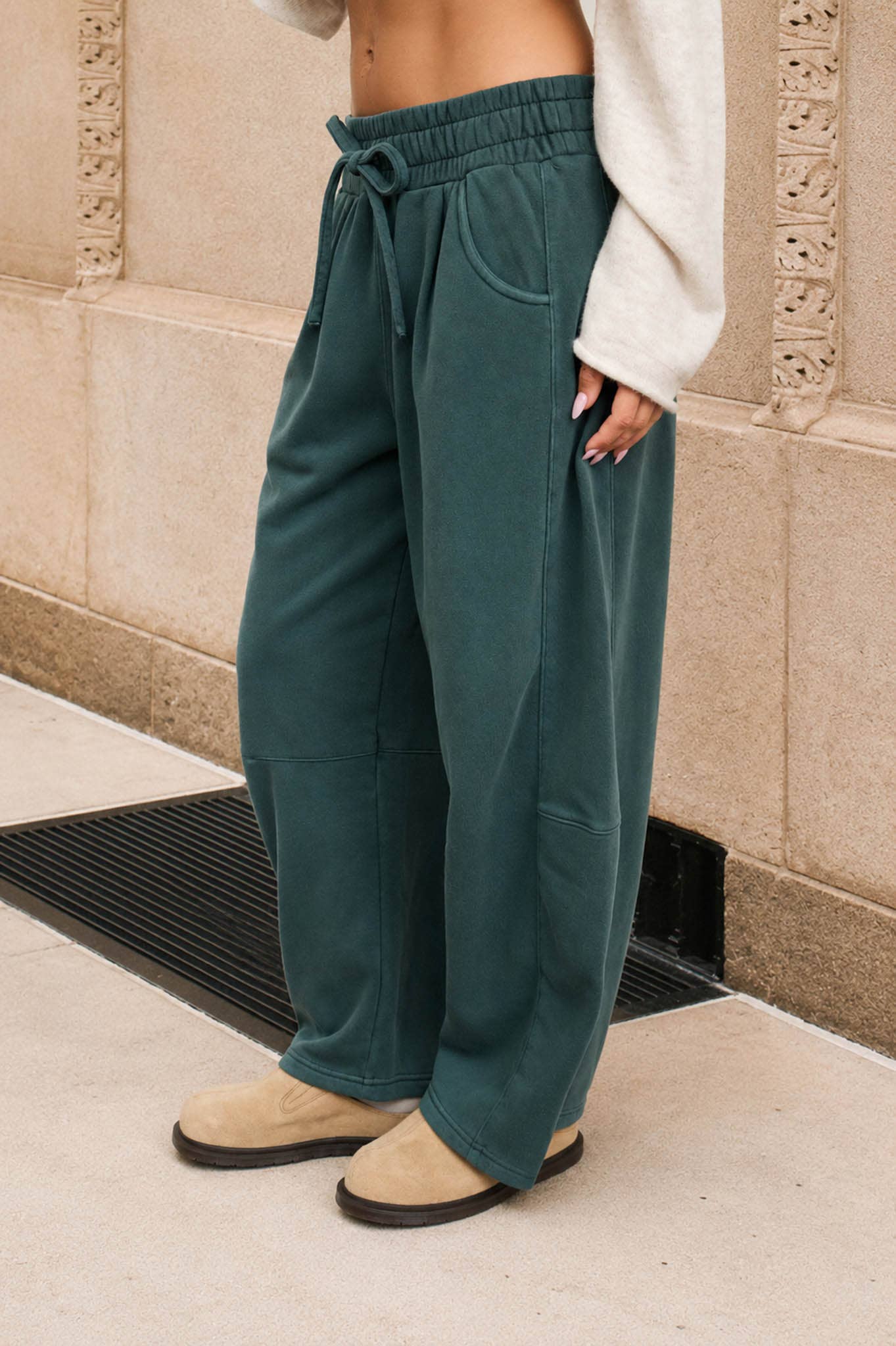SMOCKED WAIST DRAWSTRING BARREL LEG SWEATPANTS