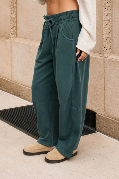 SMOCKED WAIST DRAWSTRING BARREL LEG SWEATPANTS