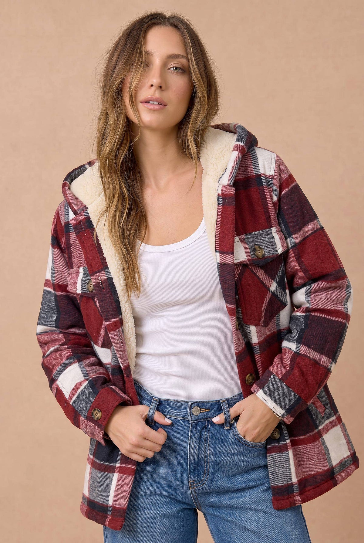 Haptics - Plaid Button Up Jacket With Fur Lined Hood: WINE / S