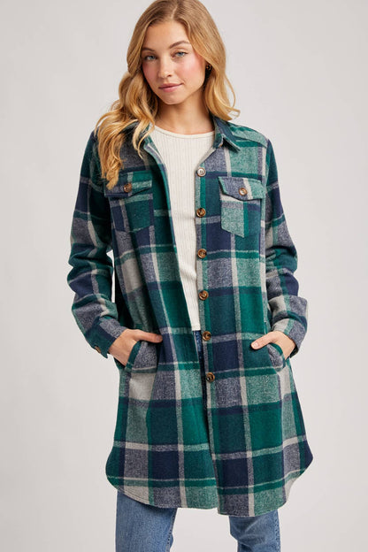 Bluivy - FLANNEL PLAID LONGLINE SHACKET: GREEN PLAID / L
