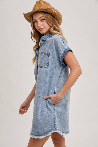 FRAYED HEM DENIM SHIRT DRESS