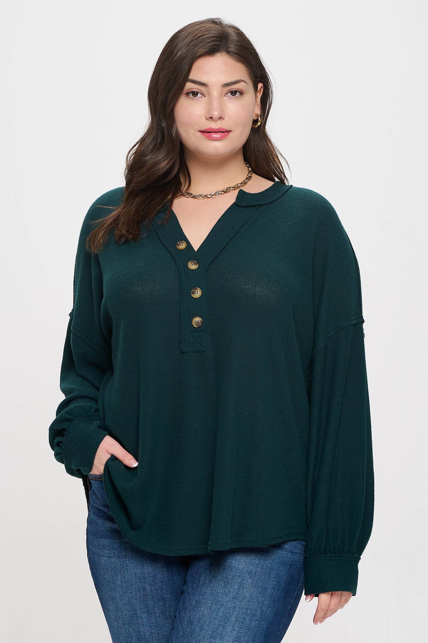 V NECK HALF BUTTON LONG SLEEVE KNIT TOP S-3x