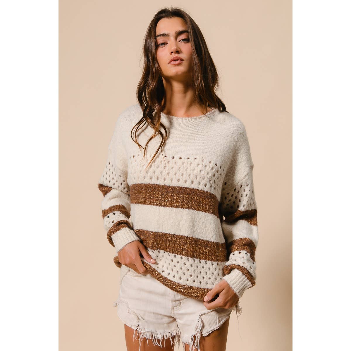 BiBi - STRIPE PATTERNED SWEATER TOP: IVORY/BROWN / M