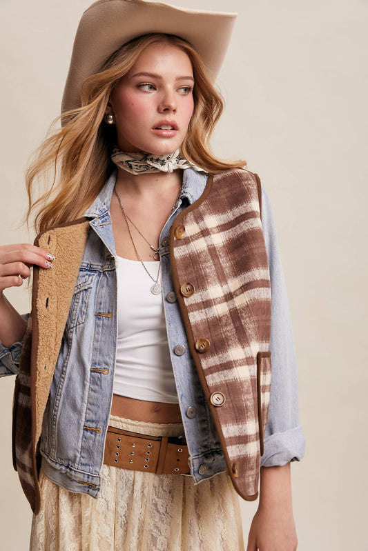 REVERSIBLE PLAID SHERPA VEST