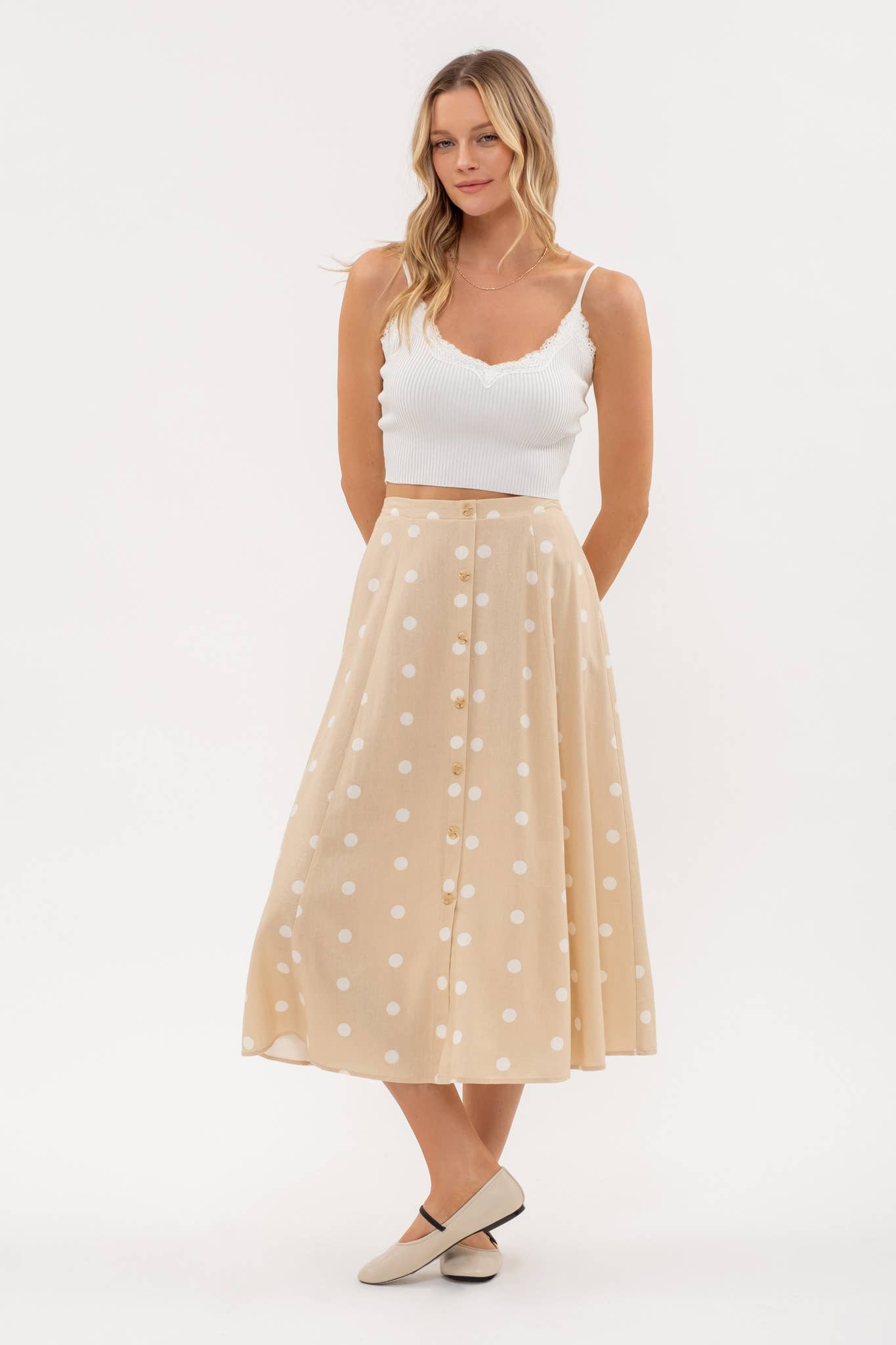 POLKA DOT BUTTON DOWN MIDI SKIRT