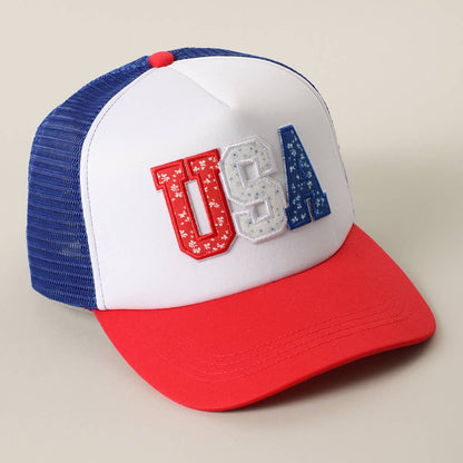 USA FLORAL LETTER PATCH TRUCKER BASEBALL CAP