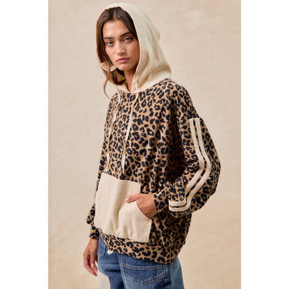 BiBi - WAFFLE THERMAL AND LEOPARD MIX AND MATCH HOODIE: LEOPARD/OATMEAL / L