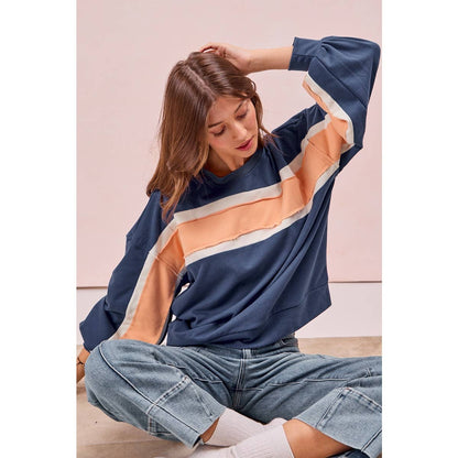 BiBi - FRENCH TERRY COLOR BLOCK SWEATSHIRT: INDIGO/MUSTARD/IVORY / XL