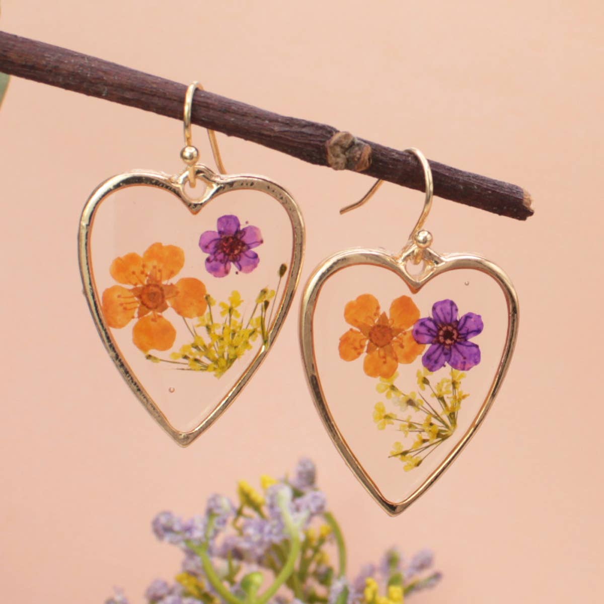 PURPLE AND ORANGE FLOWER HEART EARRINGS