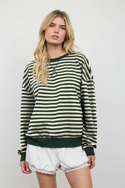 STRIPE V STITCH DETAIL LONG SLEEVE KNIT TOP: HUNTER GREEN