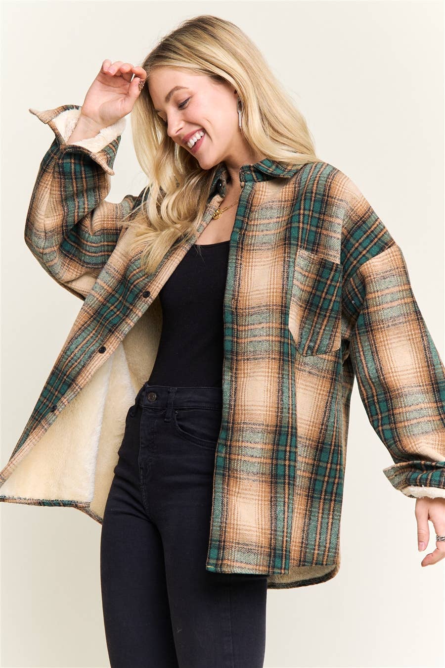 ADORA LA - CEJ4140-PLAID SHERPA-LINED BUTTON DOWN SHACKET: Navy / S-M-L(2-2-2)