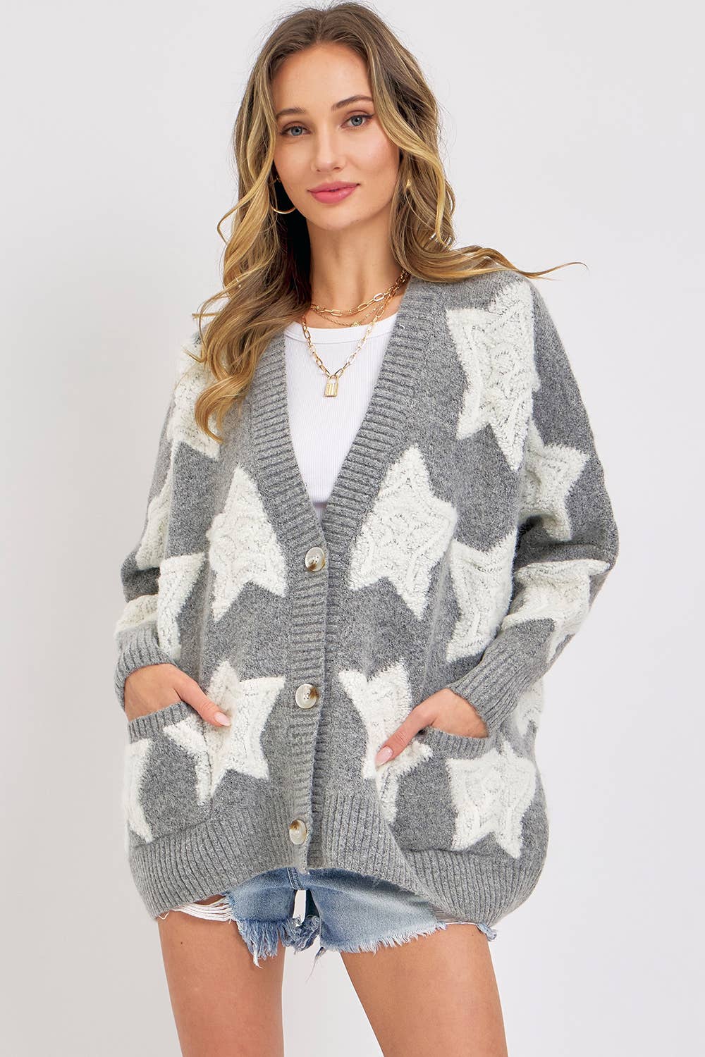 SOFT CHUNKY KNIT STAR SWEATER CARDIGAN