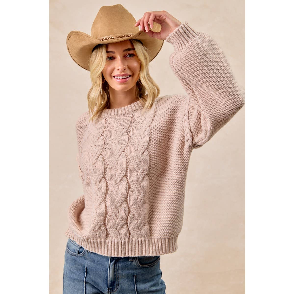 CABLE KNIT SWEATER TOP WITH SHOULDER BRAID DETAIL