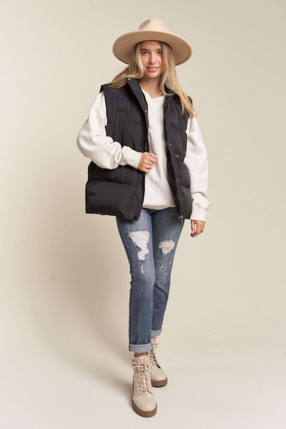 BLACK DRAWSTRING WAIST PUFFER HOODIE VEST